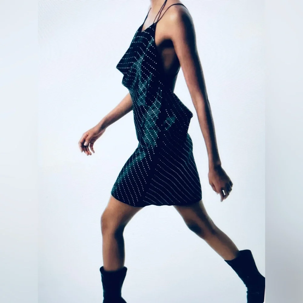 Zara satin effect mini black slip dress with rhinestone details - size XS